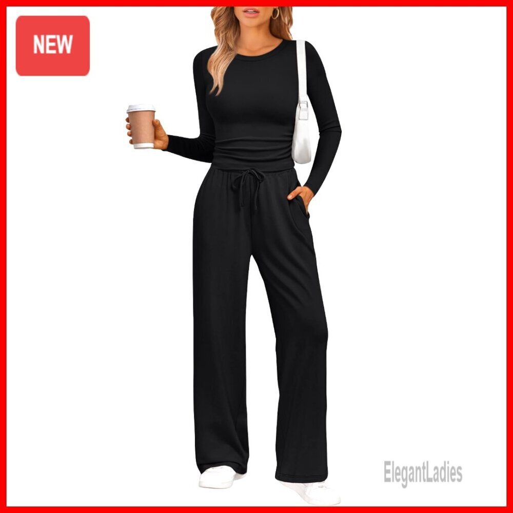 2-Piece Lounge Set Wide Leg Pants Long Sleeve Top Stretchy Rayon Blend